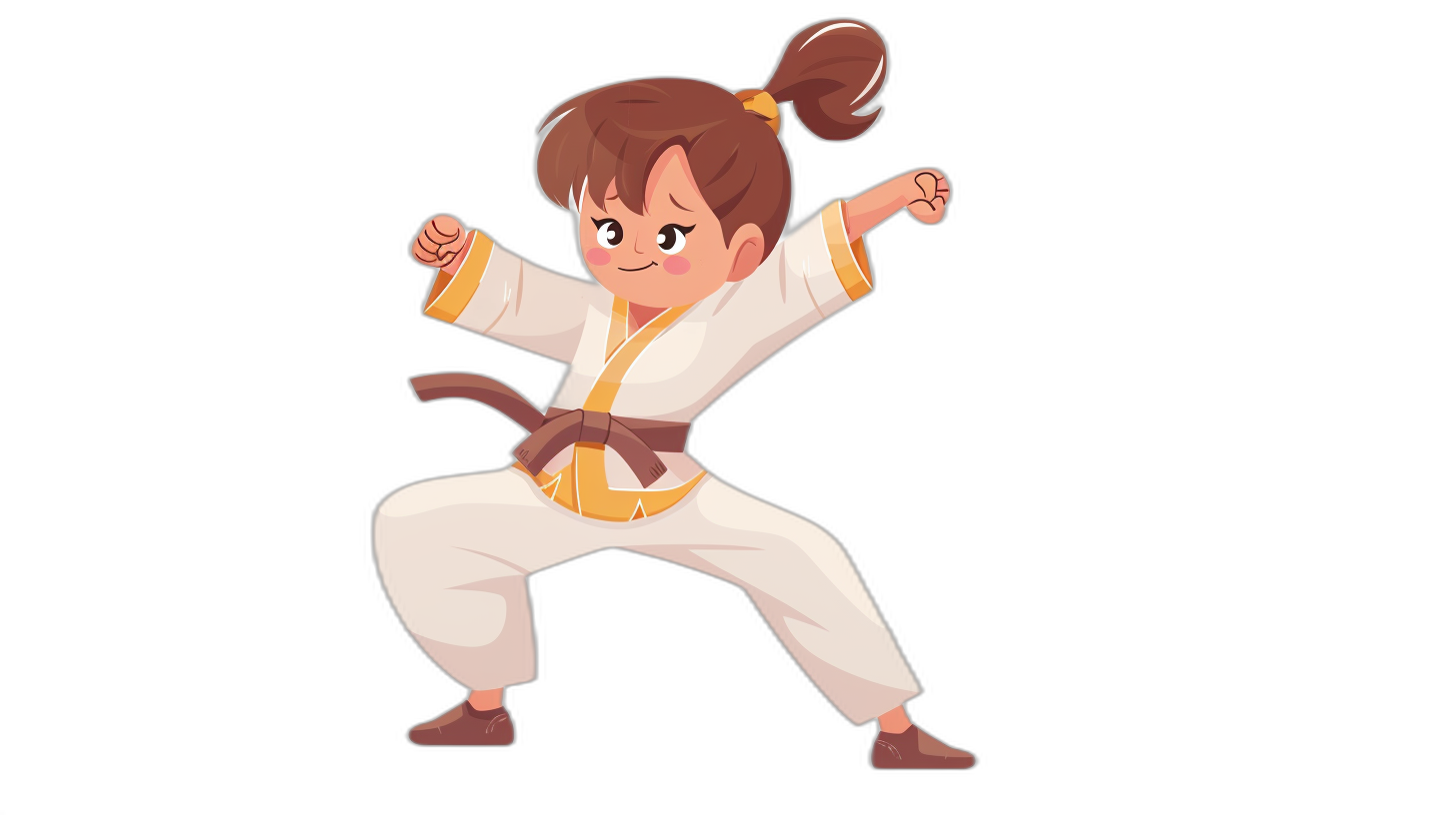 A little girl is practicing martial arts in the style of a cartoon style, vector illustration with flat design on a black background. She has brown hair in pigtails and wears white pants with yellow accents and her belt colors match the outfit. Her posture exudes confidence as she strikingly breathes each movement while doing karate stances, showcasing strength and determination. The character’s expression radiates joy, capturing their love for combat sports.