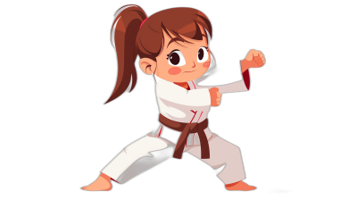 A cute little girl is practicing karate in a full body cartoon style, vector illustration with simple lines and flat color blocks against a black background. She has brown hair in pigtails and wears white pants with red belt straps around her waist. Her eyes sparkle as she confidently strikes a pose to showcase her strength. The scene exudes energy and excitement for martial arts training.