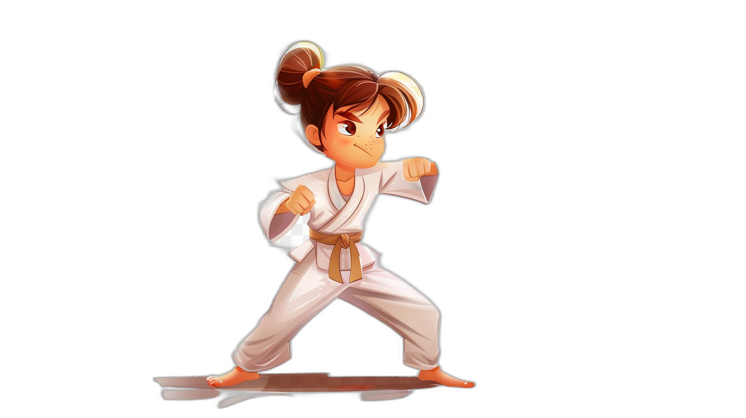 2D game art of a chibi girl doing karate in a full body simple design with a black background. She is depicted in white with a brown belt and her hair in two buns, in the style of the artist.