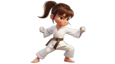 A young girl with brown hair in pigtails doing karate, wearing a white gi with black pants, against a dark background, shown in a full body view, with a Pixar style character design, in the cartoon, cute style of a white belt.