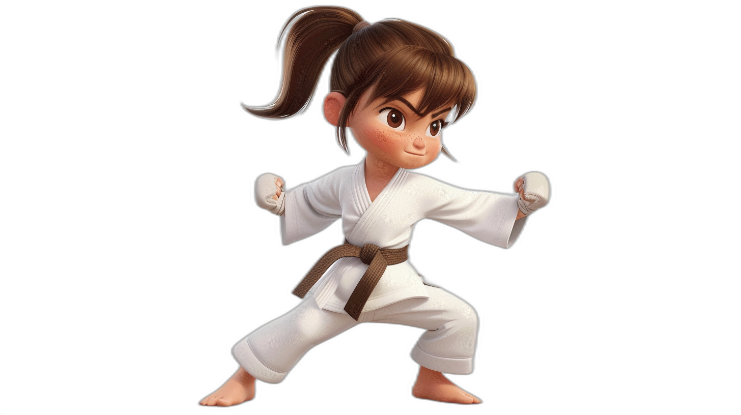 A young girl with brown hair in pigtails doing karate, wearing a white gi with black pants, against a dark background, shown in a full body view, with a Pixar style character design, in the cartoon, cute style of a white belt.