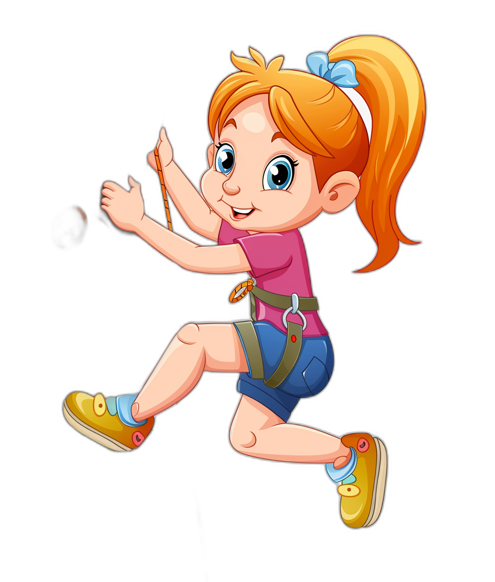 Cute cartoon girl climbing with a safety harness jumping on a black background in a vector illustration. The cartoon character design shows a girl in the style of a colorful and cute style wearing short sleeves with ponytails holding cliff equipment such as rock chalks.