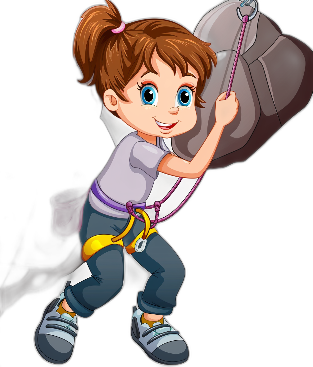 A cartoon girl is climbing with an old rock bag. She has brown hair in pigtails and blue eyes, wearing a white shirt, purple vest, and grey pants and shoes. Hanging from the top of her head is one pink rope against a black background. The art is in the vector style and cute style, reminiscent of Pixar.