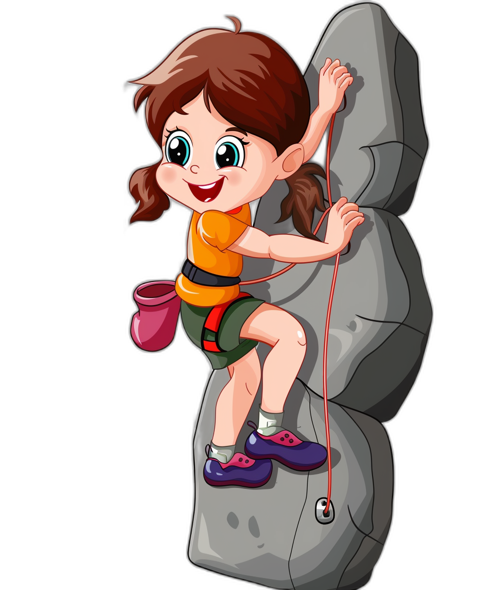 A cute girl climbing rocks with a climbing rope in the style of clipart cartoon on a black background.