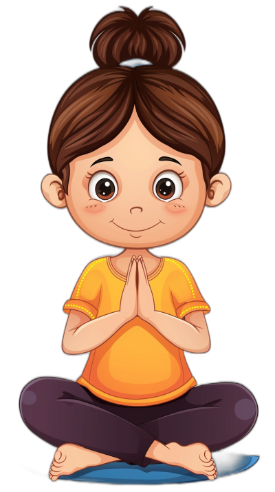 A cute cartoon girl doing yoga in a vector illustration with a black background in the style of flat design. The colorful full body portrait has simple lines in a front view closeup shot of her hands in a prayer pose. She has brown hair and is wearing an orange t-shirt with purple pants underneath with a smiling expression on her face. The studio lighting creates a high resolution image without shadows. The colors should be bright, vibrant and cheerful suitable for children's book illustrations or printing on t-shirts.