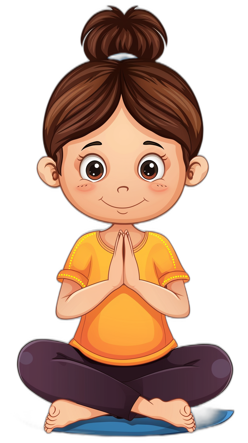 A cute cartoon girl doing yoga in a vector illustration with a black background in the style of flat design. The colorful full body portrait has simple lines in a front view closeup shot of her hands in a prayer pose. She has brown hair and is wearing an orange t-shirt with purple pants underneath with a smiling expression on her face. The studio lighting creates a high resolution image without shadows. The colors should be bright, vibrant and cheerful suitable for children’s book illustrations or printing on t-shirts.