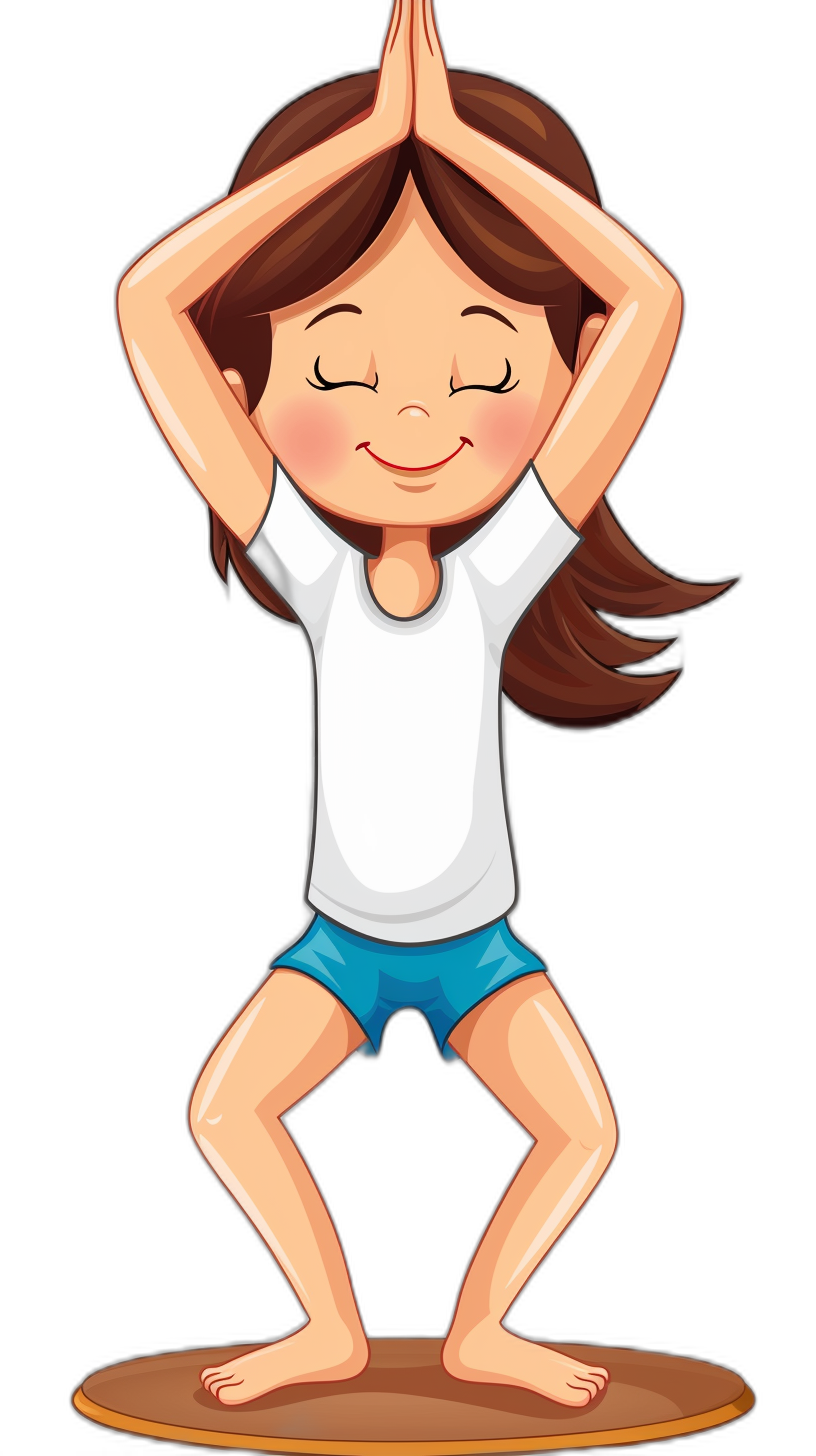 A cute cartoon girl doing yoga poses clip art, vector illustration with black background, simple and minimalistic style, low details of colors without shadows, no gradient shading. The character is wearing white tshirt and blue shorts, smiling face, hands in front above head pose for balance, standing on the floor. She has brown hair and closed eyes, eyes have vertical pupils. No outline around her fingers or feet.