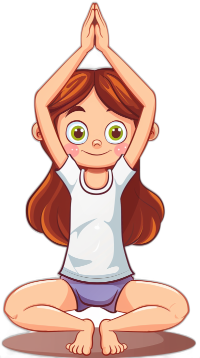 cartoon girl doing yoga, clip art style, black background, simple design, cute eyes, wearing white tshirt and purple shorts with brown hair