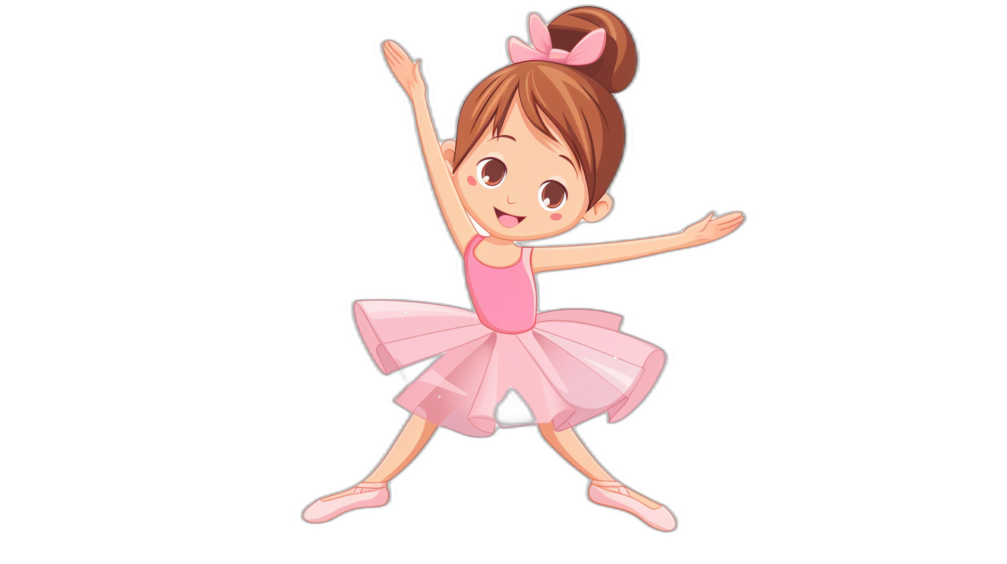 Cartoon illustration of a little girl wearing a pink ballet dress, doing a ballet pose against a simple and clean black background at a high resolution with no lowpoly or other elements. The character is smiling with big eyes and hands raised in the air, showing off her ballerina skills. She has brown hair styled into two buns on top of her head. Her shoes have a pointe athlete style and she wears a short tutu that shows some parting of her legs in different poses. The illustration is in the style of a minimalist cartoon.