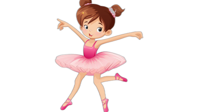 Cute ballerina girl in a pink tutu dancing isolated on a black background, in the cartoon style of vector illustration for children's books, a full body, simple flat color design with no outline, cute and adorable simple design, high resolution, high quality, in the style of professional photography with sharp focus, hyper realistic.