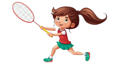 A cute little girl playing badminton in a vector illustration style with simple flat lines on a black background. The cartoon character design has no shadow detail and uses a high contrast color scheme. She is wearing red short sleeves, a green skirt, and white shoes, holding the racket in both hands and running forward to hit the ball. The entire scene gives people an energetic feeling, in the style of vector illustration.