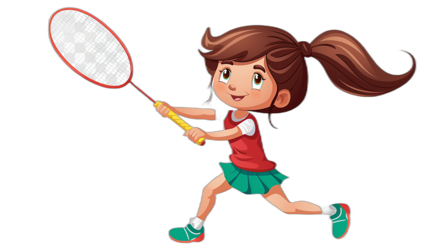 A cute little girl playing badminton in a vector illustration style with simple flat lines on a black background. The cartoon character design has no shadow detail and uses a high contrast color scheme. She is wearing red short sleeves, a green skirt, and white shoes, holding the racket in both hands and running forward to hit the ball. The entire scene gives people an energetic feeling, in the style of vector illustration.