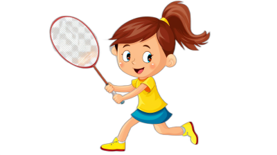 A cute little girl playing badminton in a vector illustration style with flat design and a black background. She is wearing a yellow t-shirt, blue skirt, and white shoes, holding the racket in her hand and running forward. The cartoon character has big eyes and long hair in pigtails. Her expression was happy, she was smiling. Flat design with a black background. A4 format. Vector graphics with no shadows.