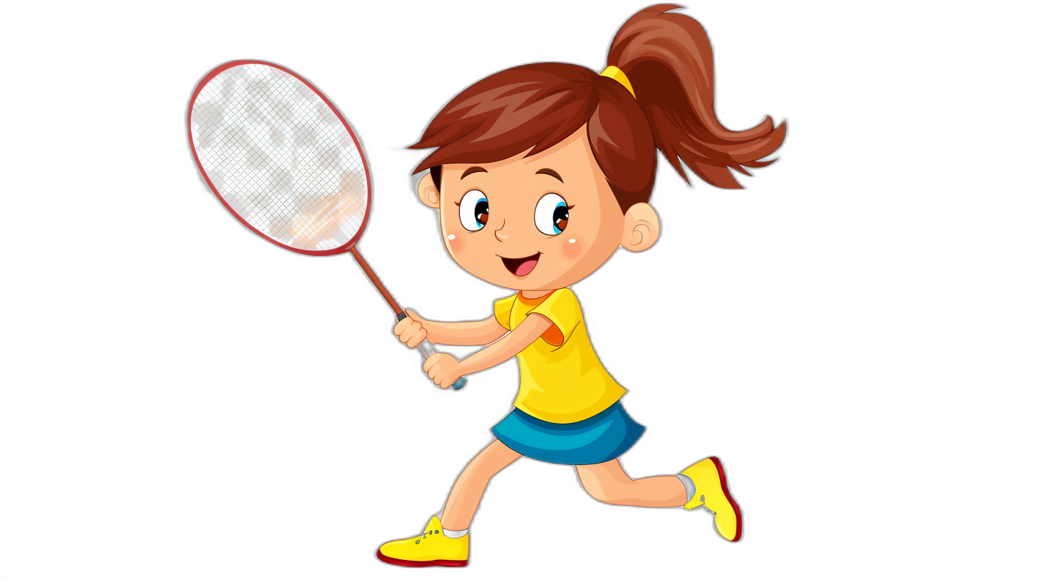 A cute little girl playing badminton in a vector illustration style with flat design and a black background. She is wearing a yellow t-shirt, blue skirt, and white shoes, holding the racket in her hand and running forward. The cartoon character has big eyes and long hair in pigtails. Her expression was happy, she was smiling. Flat design with a black background. A4 format. Vector graphics with no shadows.