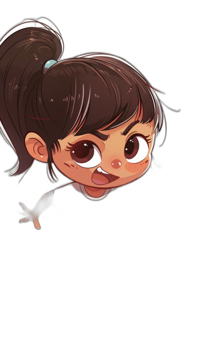 Cute cartoon girl with brown hair in pigtails, big eyes and cute mouth is flying on black background, vector illustration in the style of [Flora Borsi](https://goo.gl/search?artist%20Flora%20Borsi), Pixar style