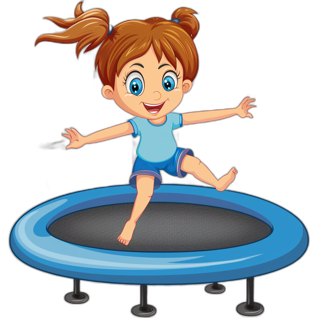 A cartoon girl is jumping on the trampoline, vector illustration with black background. The little boy has brown hair and blue eyes, wearing short sleeves Tshirt in light gray color, dark navy shorts and white sneakers. She’s smiling while playing happily at home or school playground. Her feet were raised above her head as she was about to jump over onto an inflatable mat. A flat design of young children playfully interacting isolated on transparent png background. Isolated on pastel background.