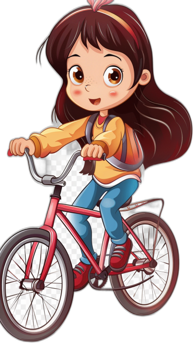 A cute little girl is riding her bike in the style of chibi style cartoon. The image has a transparent background and is in PNG format with high resolution, high quality and high detail. The artwork is hyper realistic.