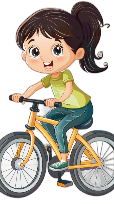 Cute cartoon girl riding yellow bicycle, smiling and happy expression, simple black background, flat illustration style, colorful , green Tshirt with blue pants, ponytail hair, children's book illustrations,,in handpainted vector style, cartoon character design, 2D game art style, simple coloring page style, simple coloring techniques, cute drawing, children's storybook illustration, children's book illustration, simple, cute, flat color, solid lines, high resolution