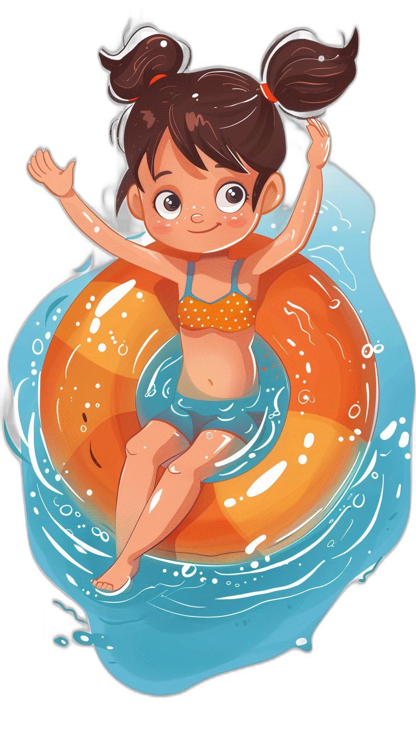 Cute little girl cartoon character with dark brown hair and big eyes, swimming in an inflatable ring on the water, black background, flat design illustration, vector style, bright colors, high resolution, high detail, high quality, high definition. The character is wearing blue shorts and an orange halter top. She has a happy expression while floating in a pose in the inflatable ring. The illustration is in a simple, colorful cartoon style with high contrast and color saturation.