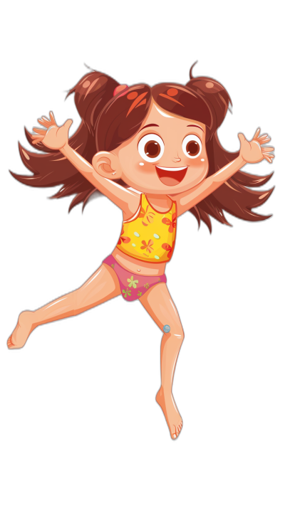 A cute girl in swimming shorts jumping, smiling with big eyes and brown hair in the style of cartoon on black background.