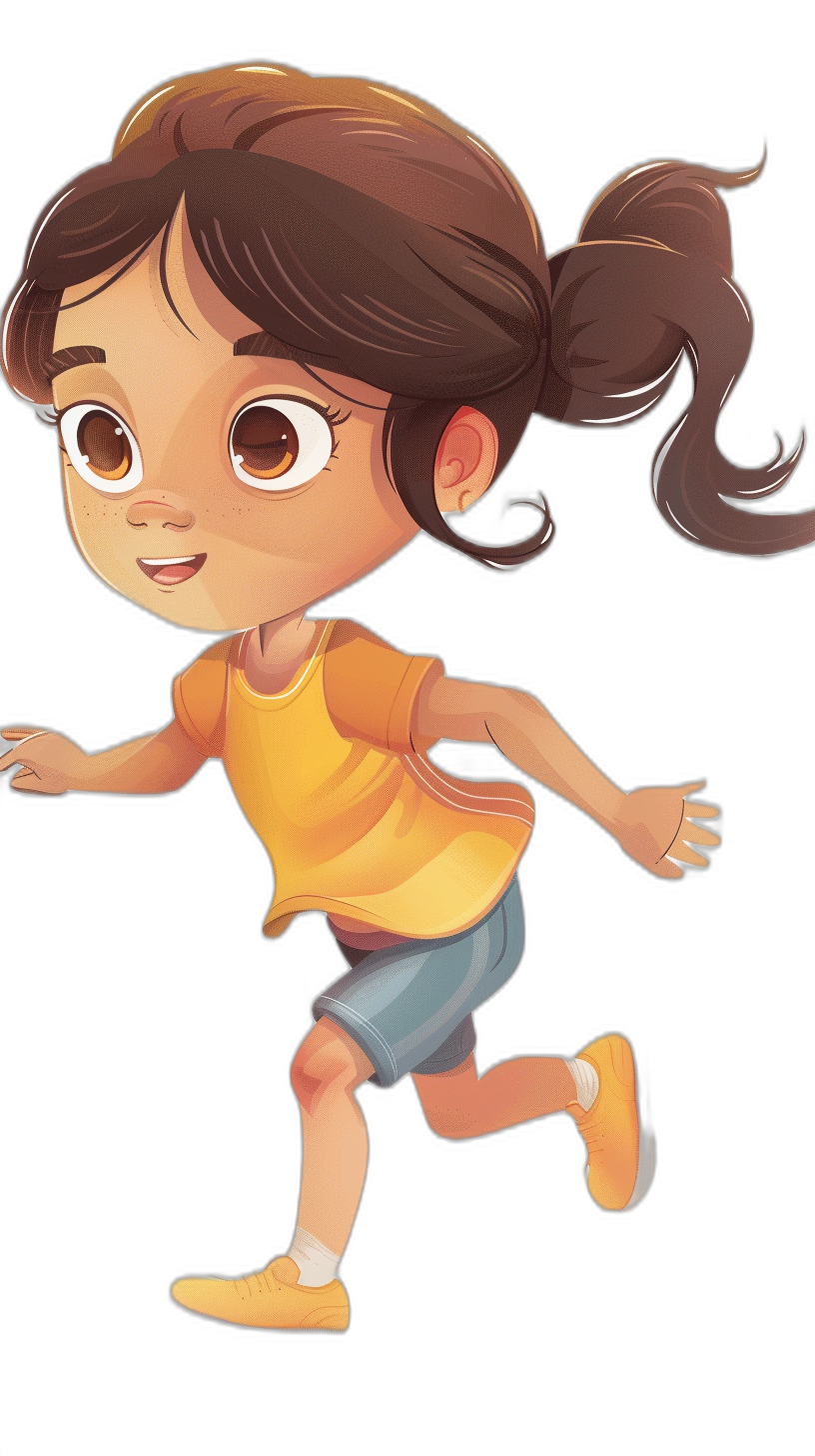 A cute little girl is running in the style of Disney, a cartoon character with brown hair and big eyes wearing a yellow shirt and blue shorts against a black background. The 2D flat illustration has simple lines and is vector art in high resolution with no shadows on the body and a cute pose. There is no outline with high detail in the style of Pixar, as a digital painting that is smooth, high quality, and high contrast with soft lighting and bright colors. The wide angle shot shows a front view and side profile from a 3/4th perspective.