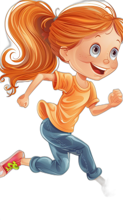 A cartoon character of an orange-haired girl with blue jeans and white shoes, running while smiling in the air on a black background, vector illustration, simple design, cute, colorful, low detail, in the style of Disney, in the style of Pixar animation, full body, high resolution, high quality, high details, high contrast, no shadows, no shading, no texture, flat color, cartoon, simple colors, simple lines, solid black background, sticker art.