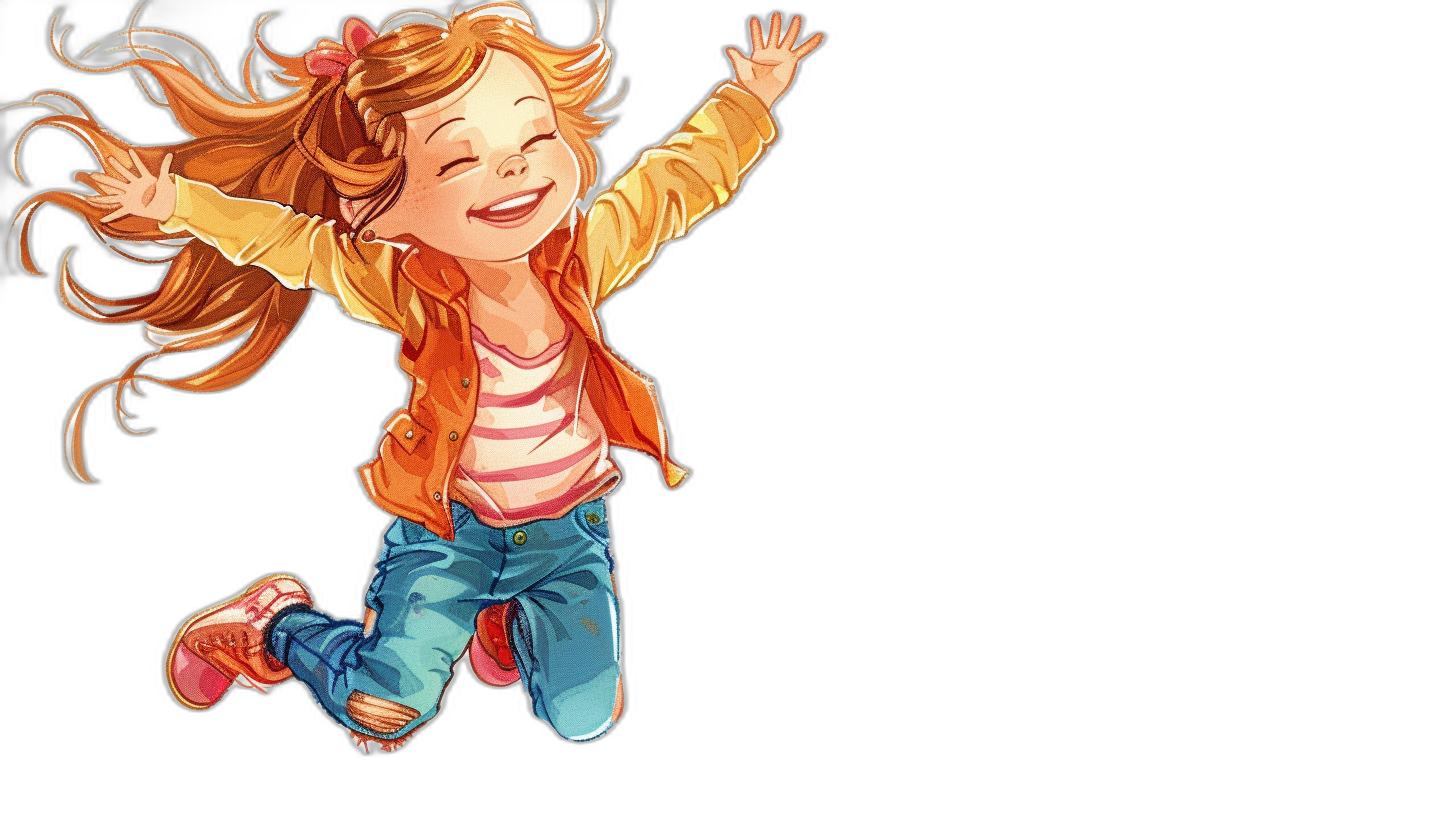 A happy little girl with long hair is jumping in the air, wearing jeans and an orange jacket and smiling in a full body shot against a black background in the style of American comic style. It is a cartoon with cute and simple lines in a flat illustration style with high quality, high resolution and high detail.