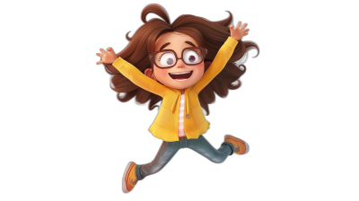 A cute girl with brown hair and glasses is jumping in the air, wearing jeans and a yellow jacket. She has long curly hair and big eyes. Pixar-style character design. Black background.