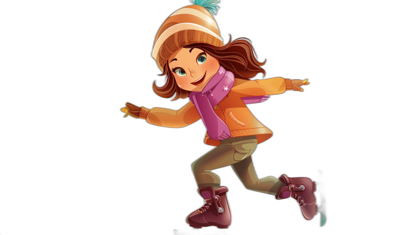 A cartoon girl ice skating, wearing warm  and shoes with an orange jacket, a pink scarf around her neck, brown hair tied in high pigtails, a hat on her head, in the style of Pixar, a full body shot, on a black background, with high resolution.