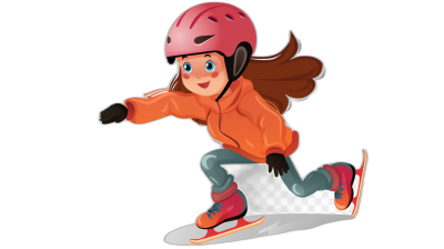 A cartoon girl in an orange jacket and pink helmet is skating on ice in the style of clip art for cut cosmetic product design isolated on a black background.