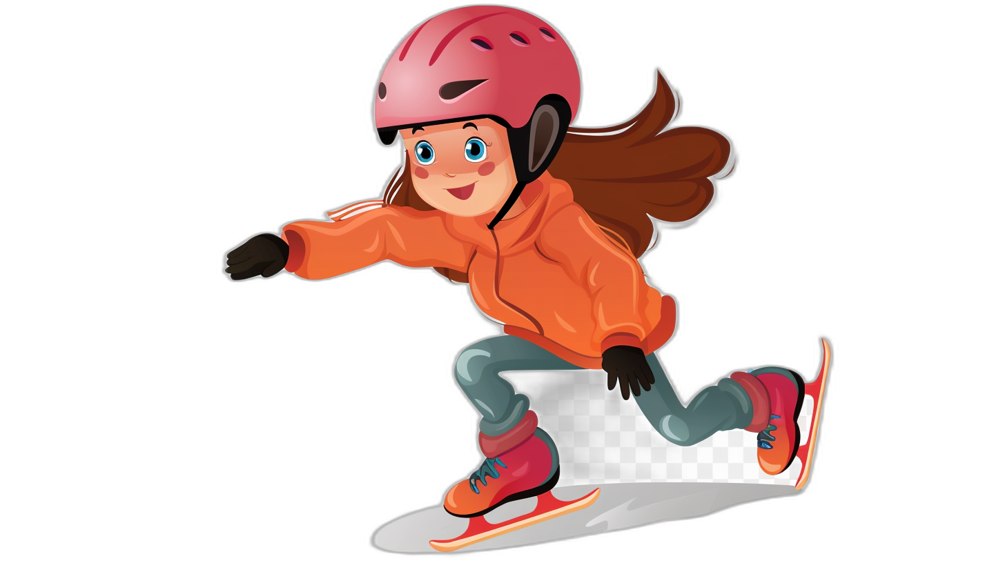 A cartoon girl in an orange jacket and pink helmet is skating on ice in the style of clip art for cut cosmetic product design isolated on a black background.