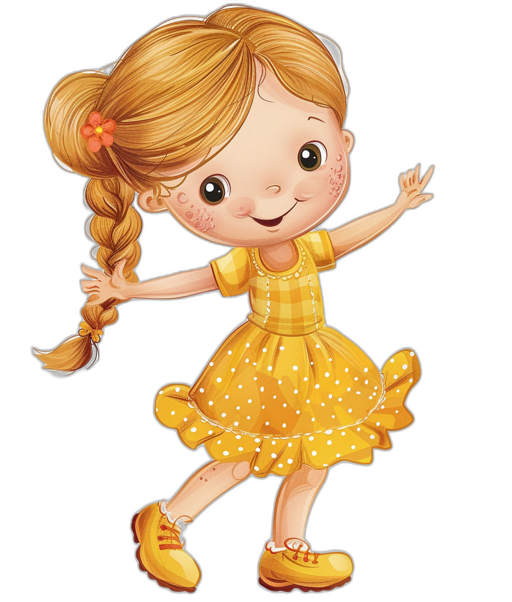 Cute girl in a yellow dress and shoes, with blonde hair braided into two pigtails, smiling and posing happily while dancing, vector illustration for a children’s book on a black background, showing her full body, in the style of a cute cartoon style, with high quality, high resolution, high detail, and high contrast.