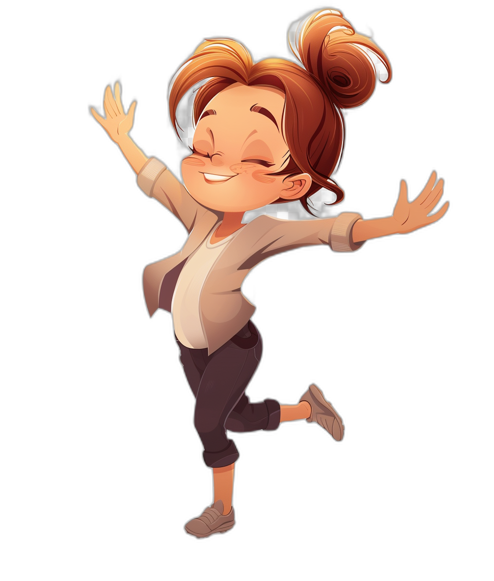 Cartoon, digital art, and character design of an adult woman with brown hair in buns wearing casual  and smiling as she dances on a black background, in the style of Disney Pixar, a cute cartoon character in a full body pose with high quality and high resolution details.