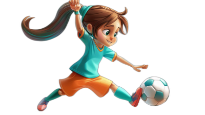 A young girl with brown hair in pigtails, wearing an orange and teal soccer uniform playing football on a black background, in the style of a cartoon.