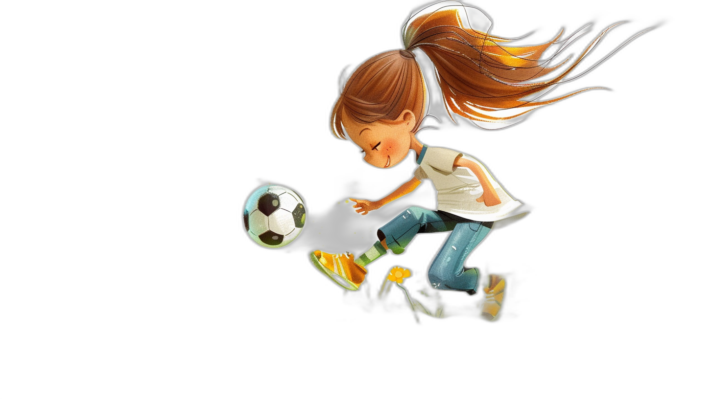 cartoon girl kicking a soccer ball in the style of cartoon style, black background, cute, 2d art, digital art