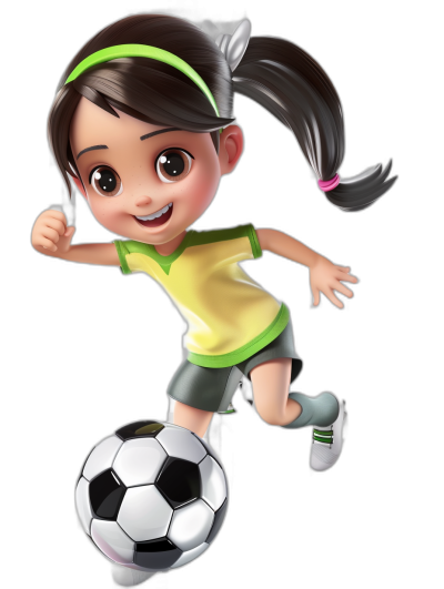 A cute little girl playing football, wearing green and yellow with white short sleeves, black shorts on her lower body, ponytails, smiling face, in the style of cartoon, running in the air holding a soccer ball, 3D rendering, in the style of Disney Pixar animation, pure black background, full body shot, high definition resolution.