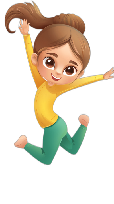 A cute girl is jumping in the style of Disney, as a cartoon character with brown hair in a ponytail and big eyes wearing a yellow long sleeve shirt and green leggings on a black background, as a clipart image isolated from the edges of an all-black backdrop.