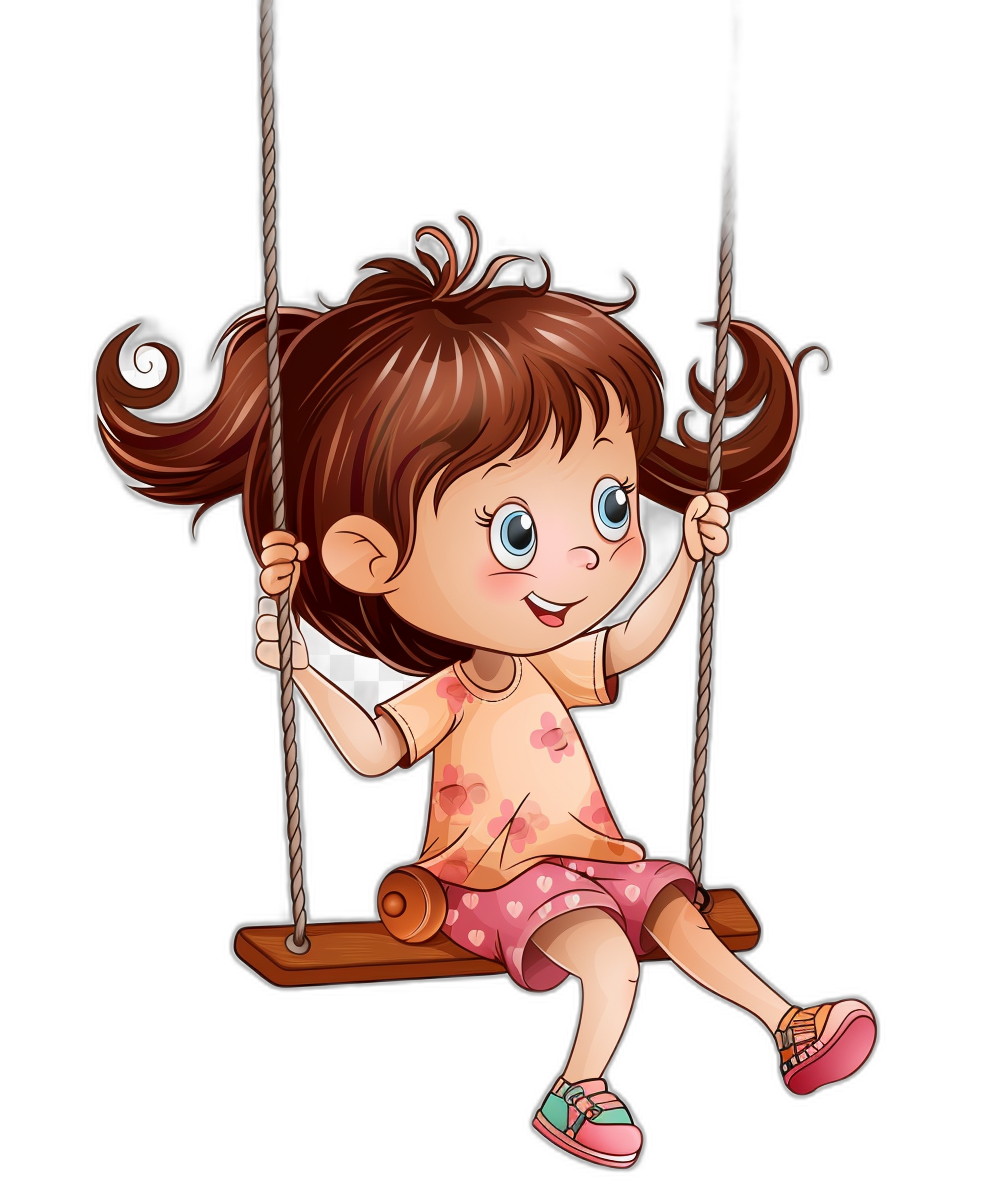 Cute cartoon girl swinging on the swing in the style of clip art with black background.