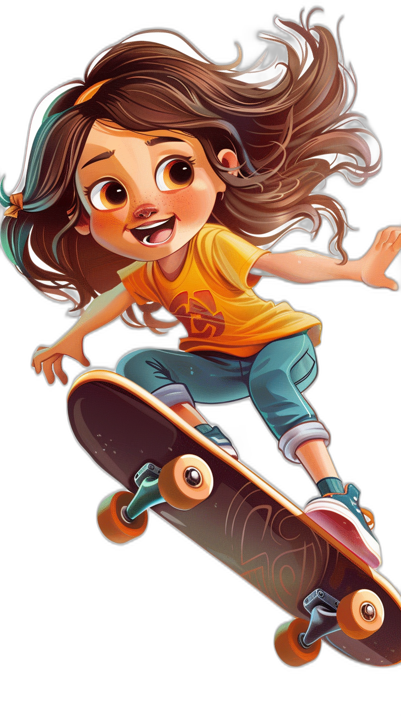 A cute girl with brown hair is skateboarding in the style of cartoon style with a black background in the style of 2D game art style in the Disney Pixar animation style at a high resolution and high detail with best quality.