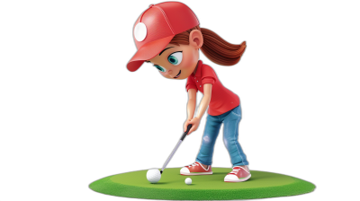 A young girl playing golf in the style of cartoon style, full body shot, wearing a red cap and blue jeans, black background, 3D render in the style of cartoon character design with low poly count, rendered in blender using C4D software, rendered in the style of rockstar games, rendered in high resolution, simple lines, vector graphics, white background, Pixar animation, designed for a mobile game, concept art, 2K resolution.