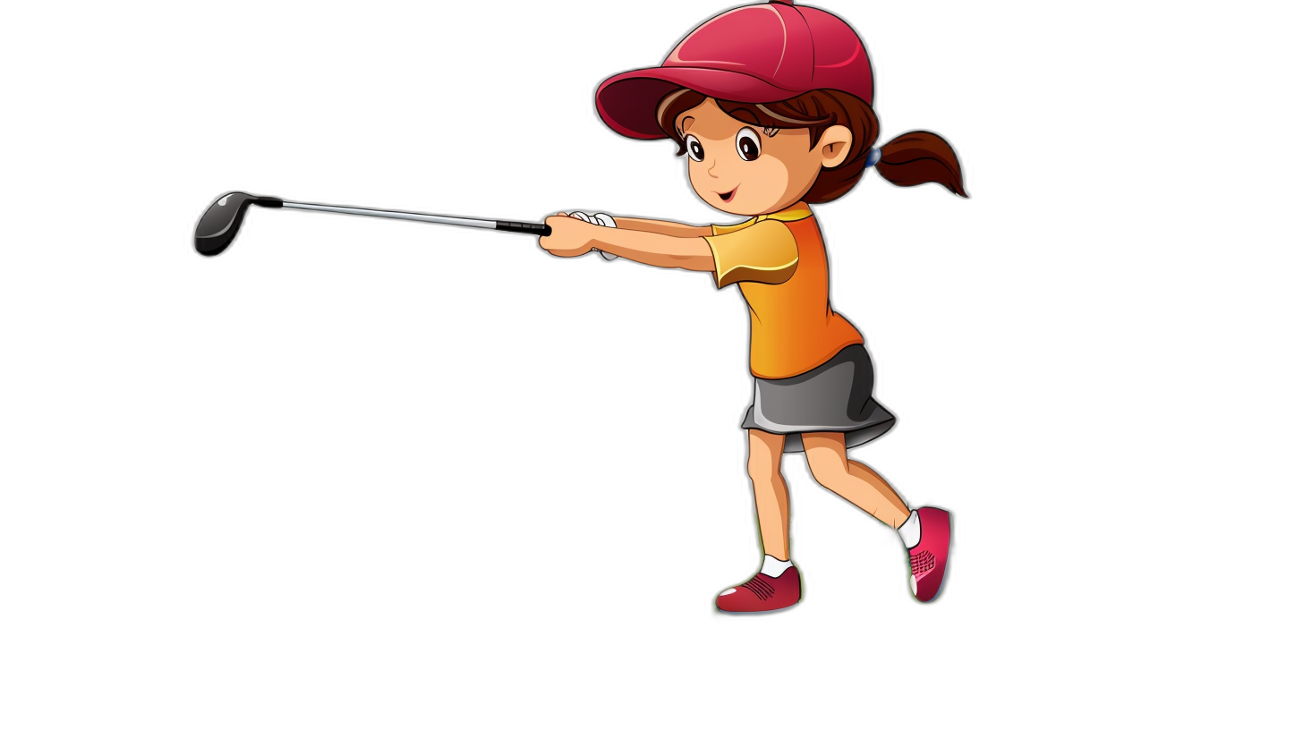 A cartoon girl playing golf, vector illustration with solid black background. She is wearing an orange shirt and pink shoes while holding the club in her hand to hit ball towards green on white background. The character has brown hair tied back into ponytail and red cap worn backwards on head. Her face shows confidence as she peacefully waves it away before hitting ball off tee box with full force. It’s a beautiful day outside, perfect for a game of golf.