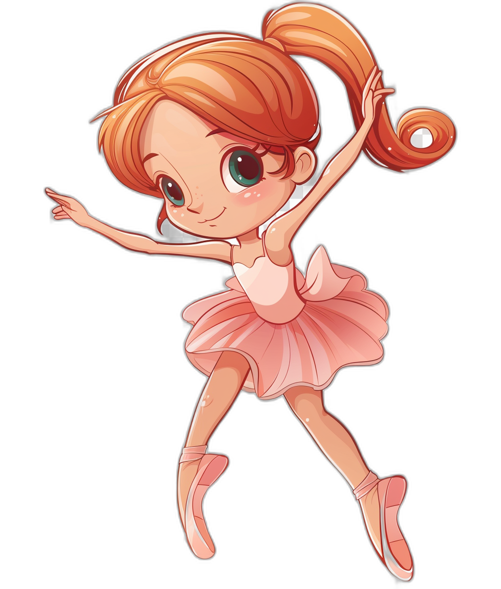 Cute chibi style, ballerina in pink dress and shoes with red hair doing ballet pose on black background