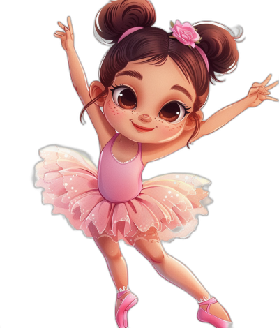 Cute little girl ballerina in a pink tutu, in a chibi style cartoon illustration, in the style of Disney Pixar, cute and adorable, on a black background, with cute brown eyes and lashes, wearing her hair in a bun, in a dancing pose, wearing shoes, as a full body portrait, with high resolution, high detail, high quality, hyper realistic style.