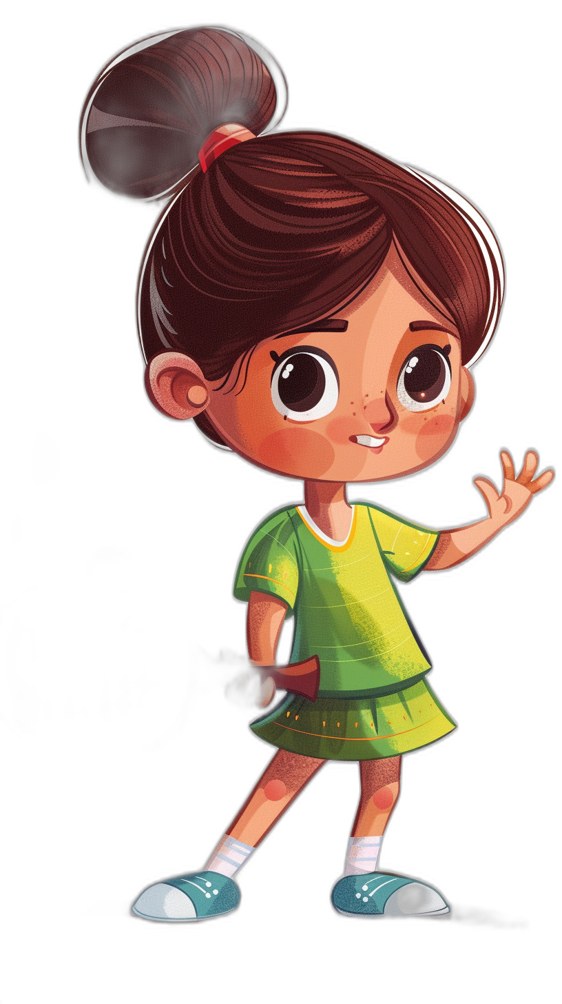 A cute girl, wearing a green and yellow dress with white shoes, waves her hand at the camera with a smiling face. She has brown hair in a ponytail style bun and big eyes. The style is reminiscent of Pixar cartoons with a black background and a full body shot.