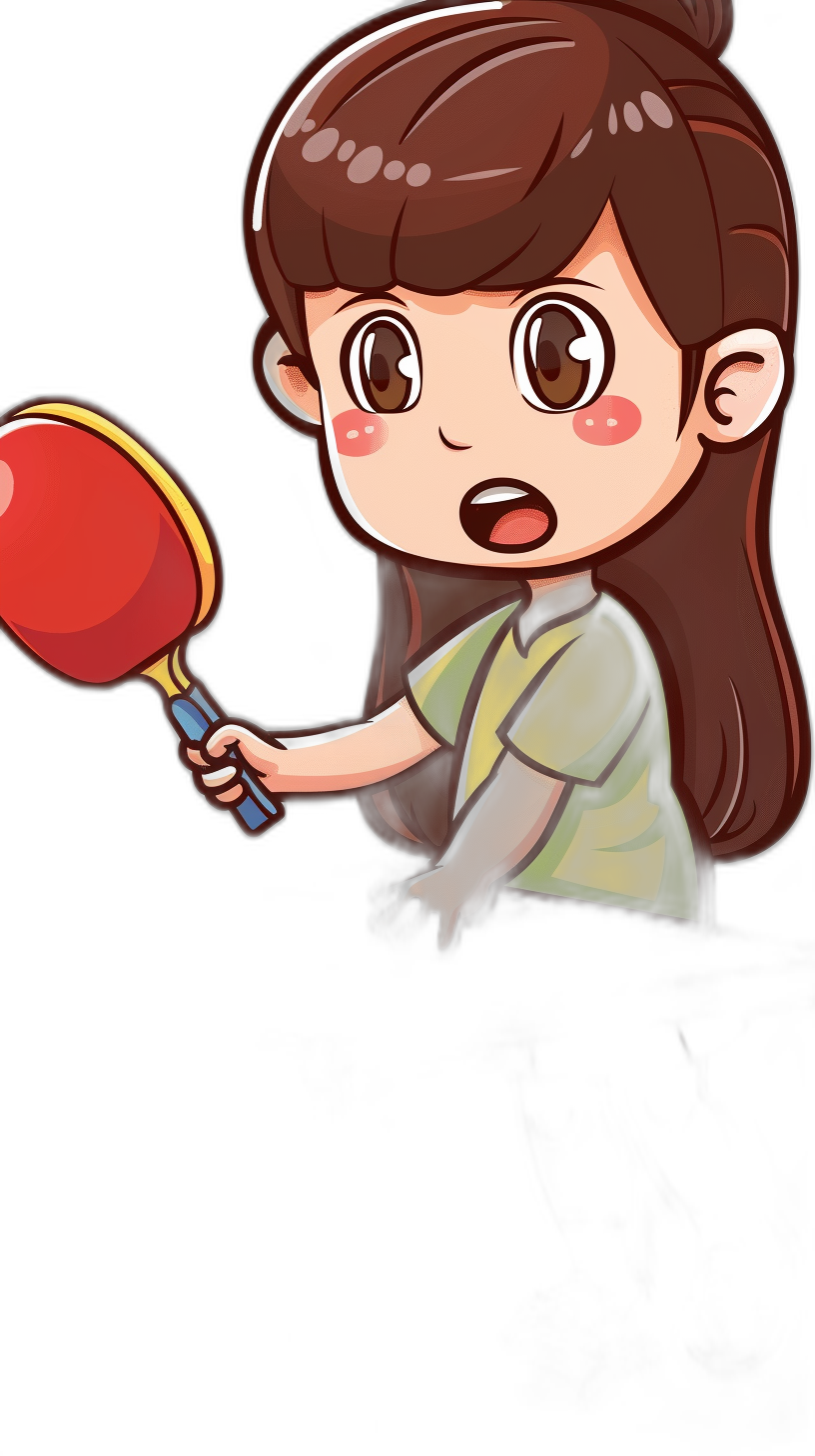 A cute girl is playing table tennis, holding the racket in her hand and waving it hard to hit the ball, with an exaggerated expression of surprise when she hits things, wearing green short sleeves and having long brown hair, in the style of a vector illustration with a simple black background, depicting a cartoon character with high-definition details in high resolution and best quality.