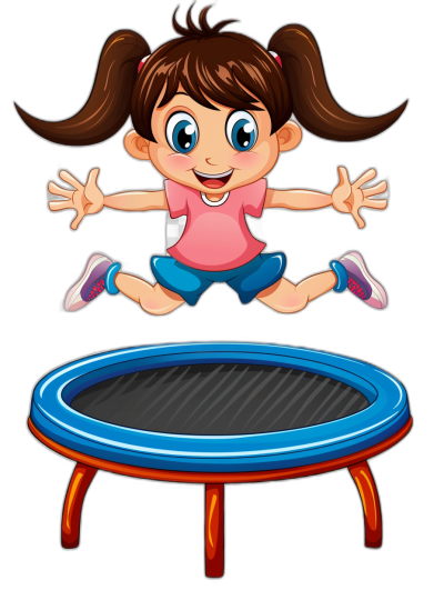 A cartoon girl is jumping on a trampoline in a vector illustration style with a black background. She has brown hair and blue eyes while wearing a pink shirt, white shoes, and dark shorts. The colorful trampoline is blue in color. In front of her there is an empty space for text or graphics. This design will be perfect as clipart or a sticker when isolated on a black background.