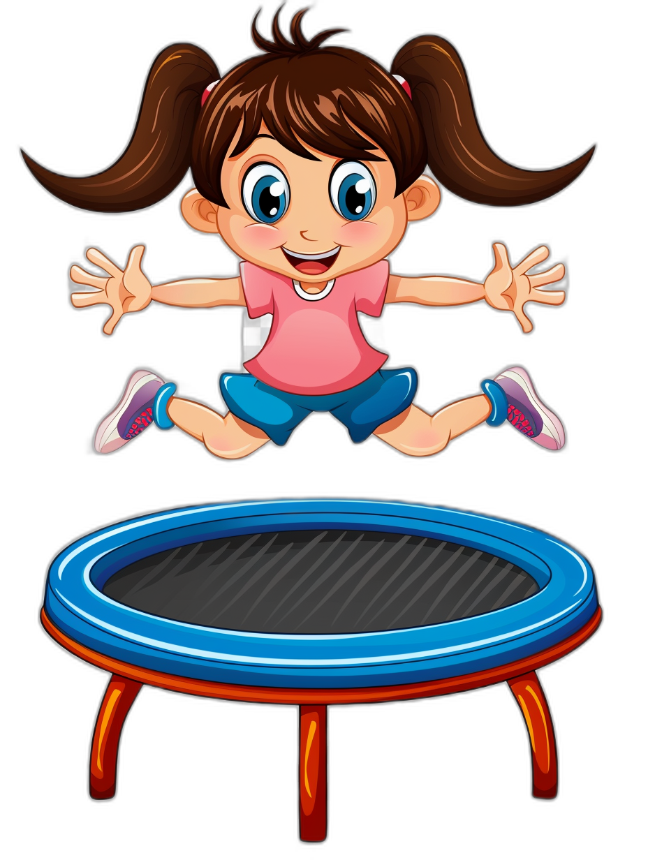 A cartoon girl is jumping on a trampoline in a vector illustration style with a black background. She has brown hair and blue eyes while wearing a pink shirt, white shoes, and dark shorts. The colorful trampoline is blue in color. In front of her there is an empty space for text or graphics. This design will be perfect as clipart or a sticker when isolated on a black background.