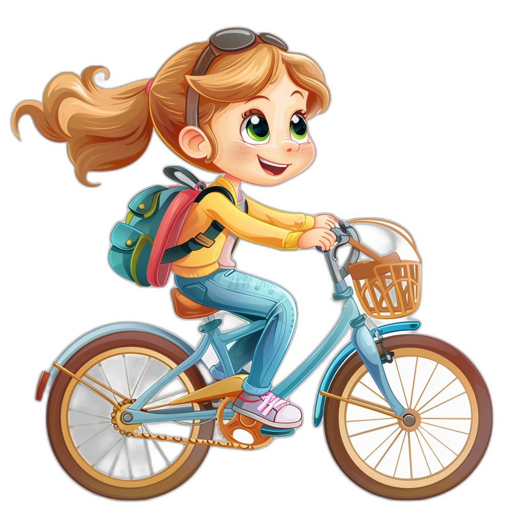 A cute cartoon girl is riding her bicycle with big eyes and smiling, she has short hair in pigtails, wearing jeans and sneakers. There is a colorful school bag on the bike seat. The clipart design is for stickers on a black background. It is digital art in the style of a clipart design.