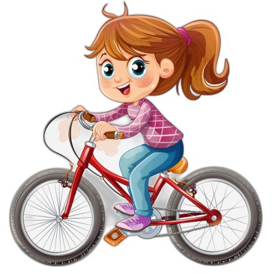 A cute cartoon girl riding her bike in the style of clip art, vector illustration, isolated on a black background, high resolution photo, high quality, high detail.