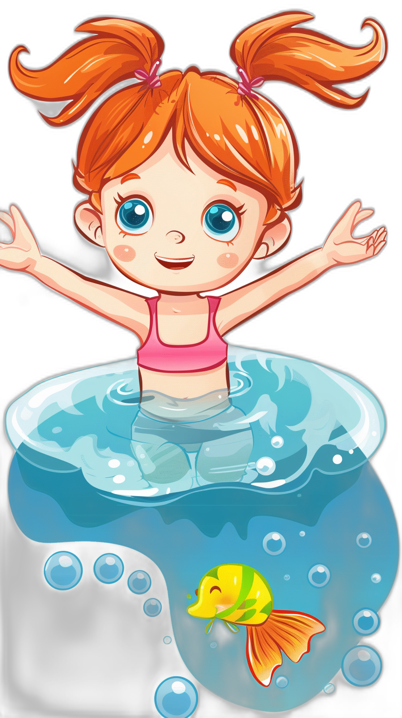 vector cartoon of a cute little girl with red hair, swimming in the water of an aquarium, sitting on top and holding her hands up, with big blue eyes, wearing a pink tank top, little yellow fish swim around her in the style of clipart design for a tshirt with a black background